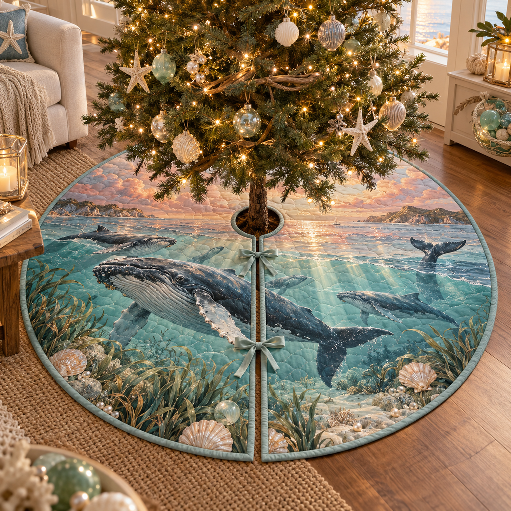 One tree skirt with original Whale Migration Rosewater Welcome optical-depth print.
