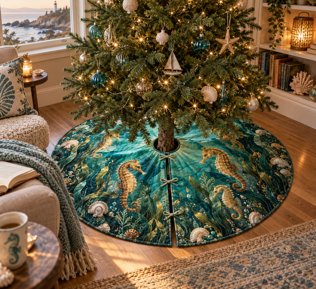 One tree skirt with original Seahorse Seagrass Lantern Nook optical-depth print.