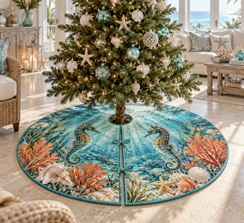 One tree skirt with original Seahorse Sunlit Reef Salon optical-depth print.