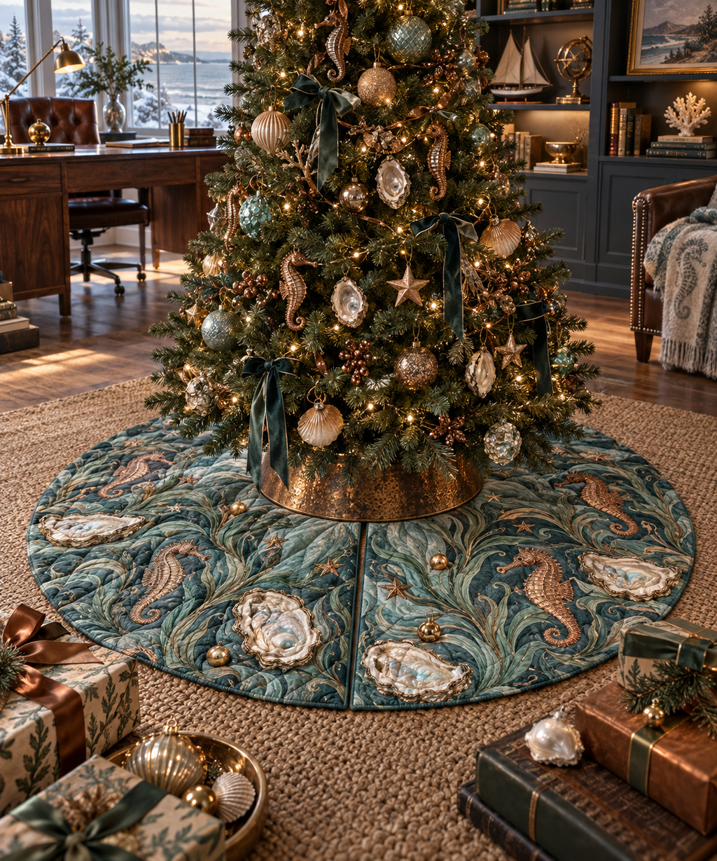 One tree skirt with original Seahorse Opal Tidal Archive optical-depth print.