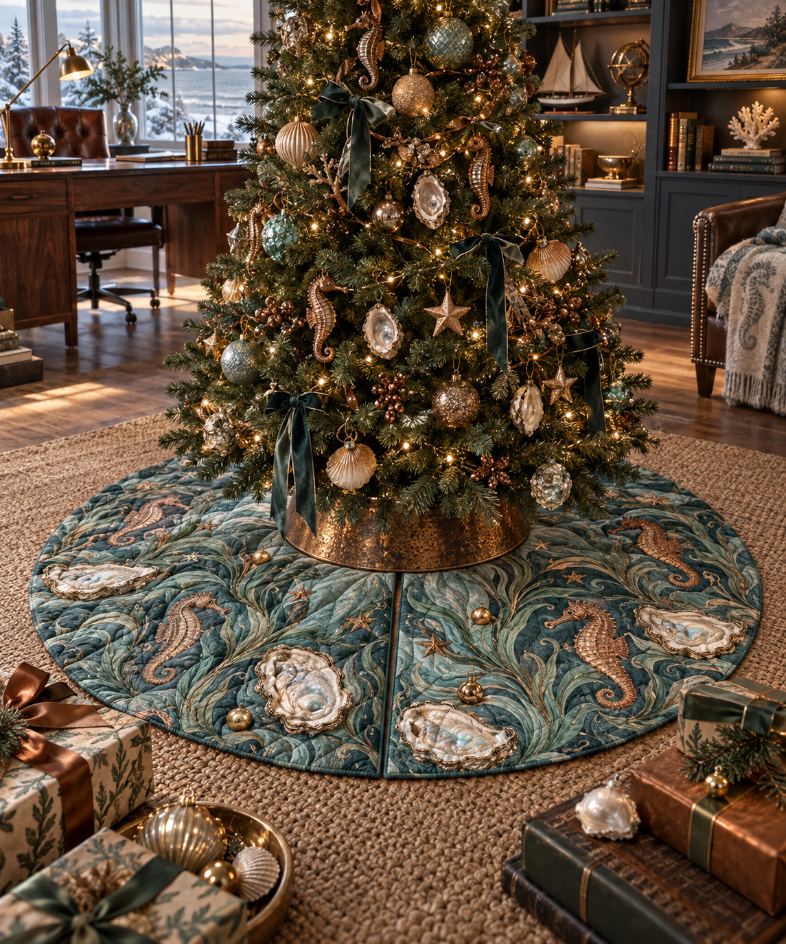 One tree skirt with original Seahorse Opal Tidal Archive optical-depth print.