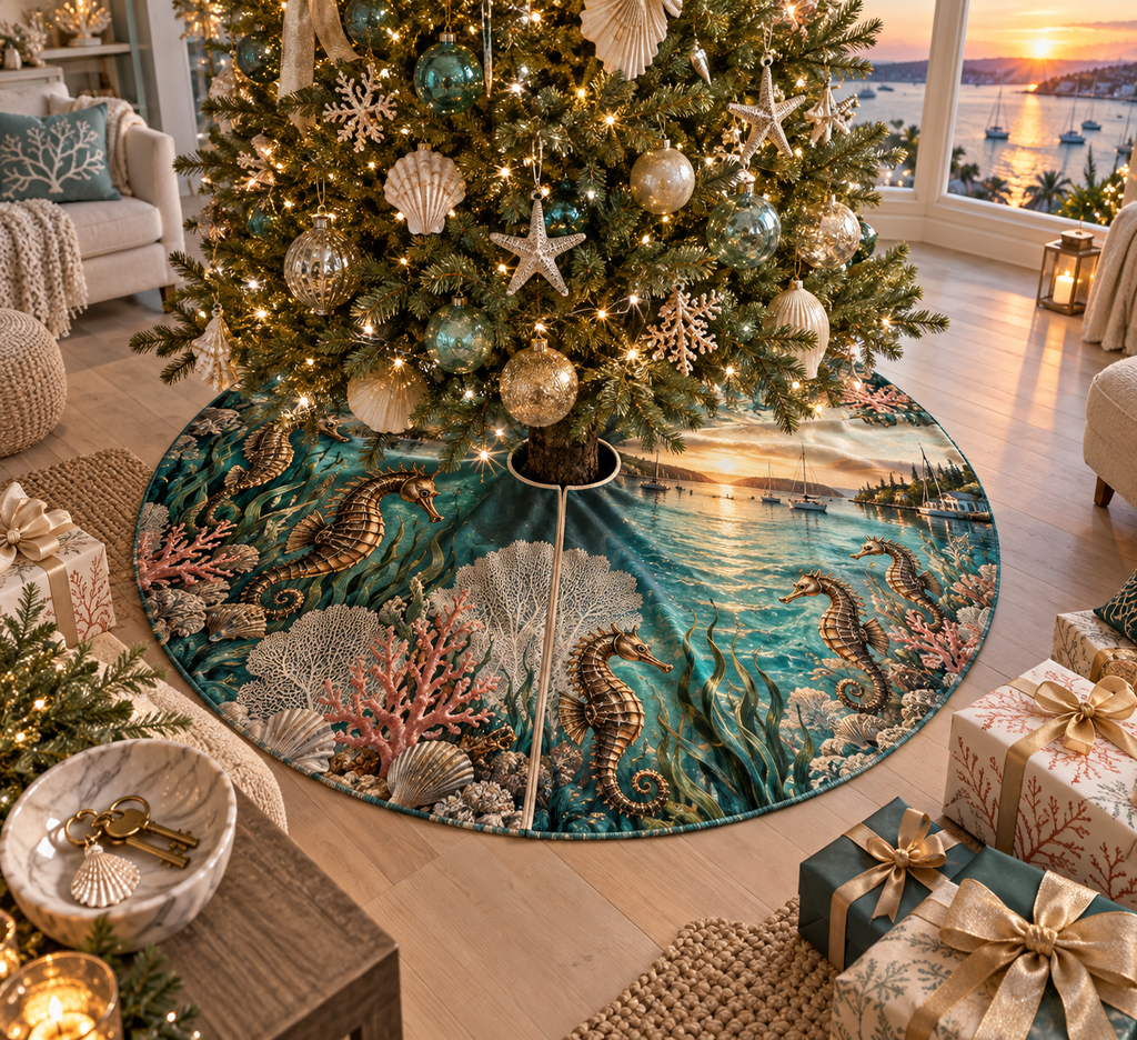 One tree skirt with original Seahorse Amber Harbor Welcome optical-depth print.