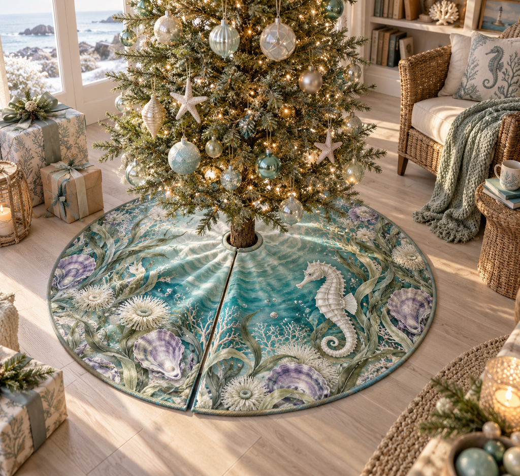 One tree skirt with original Seahorse Pearl Cove Reverie optical-depth print.