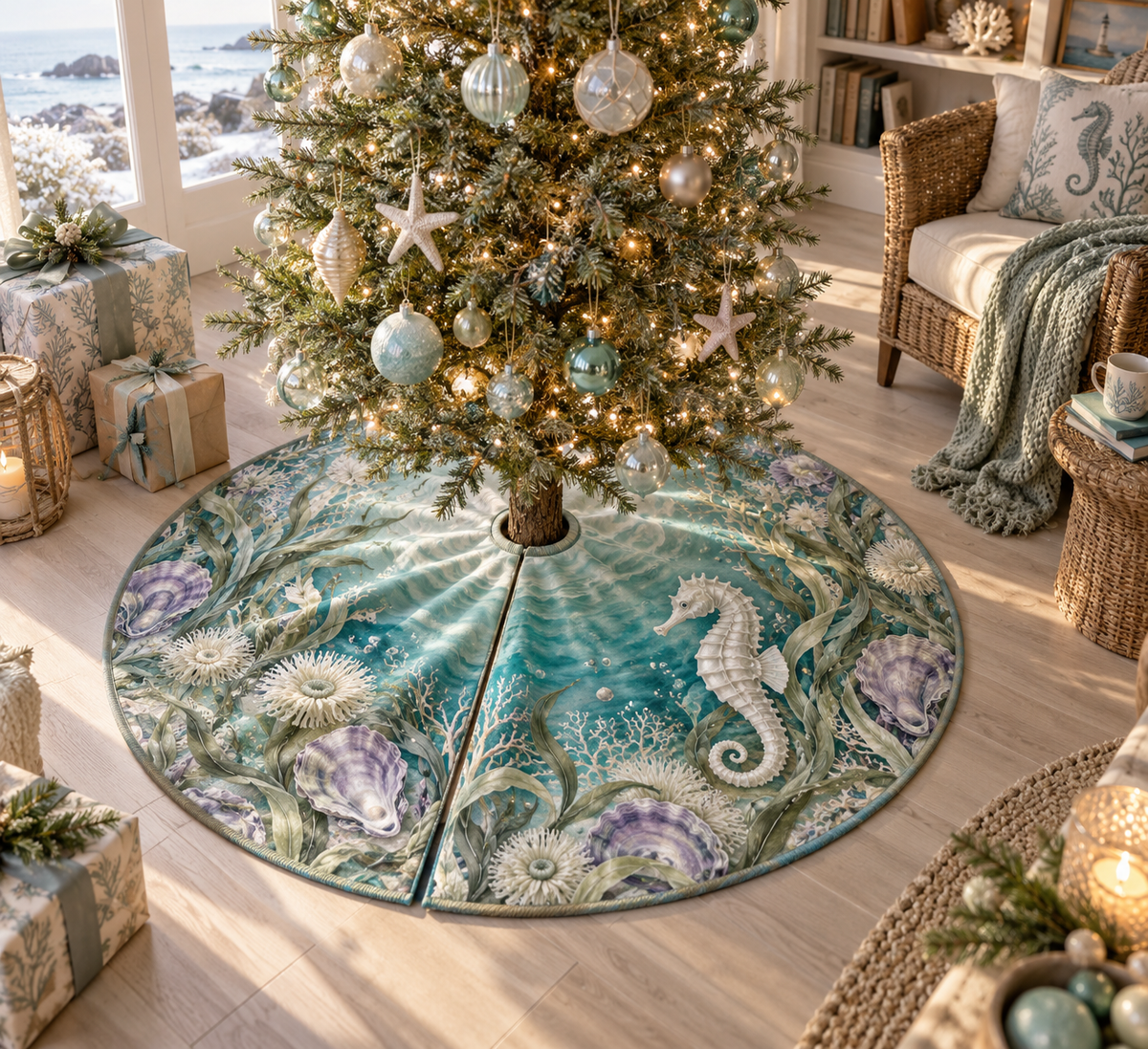 One tree skirt with original Seahorse Pearl Cove Reverie optical-depth print.