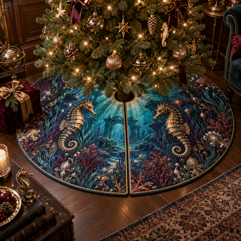 One tree skirt with original Seahorse Gilded Abyss Cabinet optical-depth print.