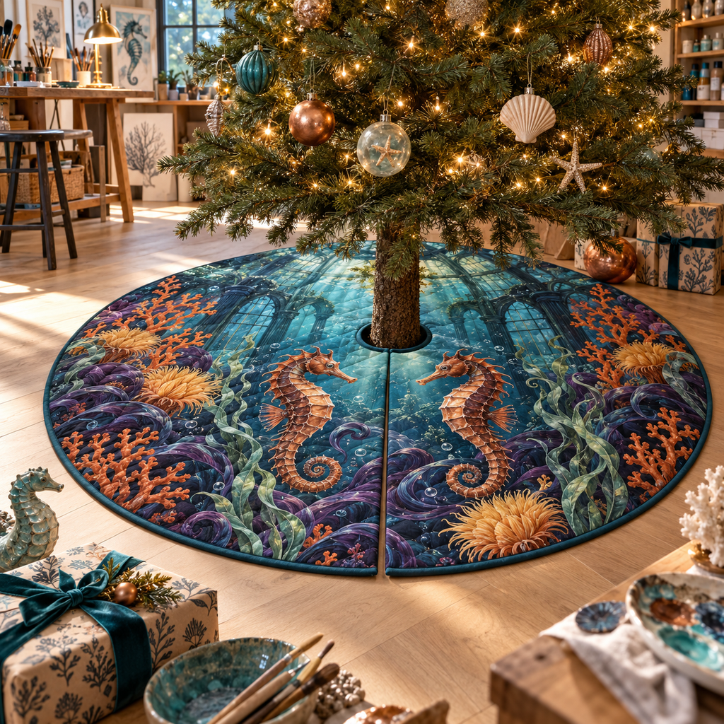 One tree skirt with original Seahorse Copper Current Atelier optical-depth print.