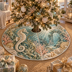 One tree skirt with original Seahorse Champagne Tide Welcome optical-depth print.