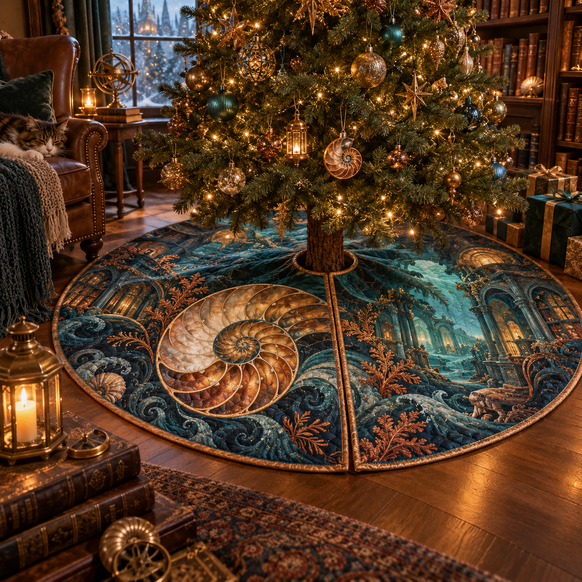One tree skirt with original Nautilus Amber Library optical-depth print.