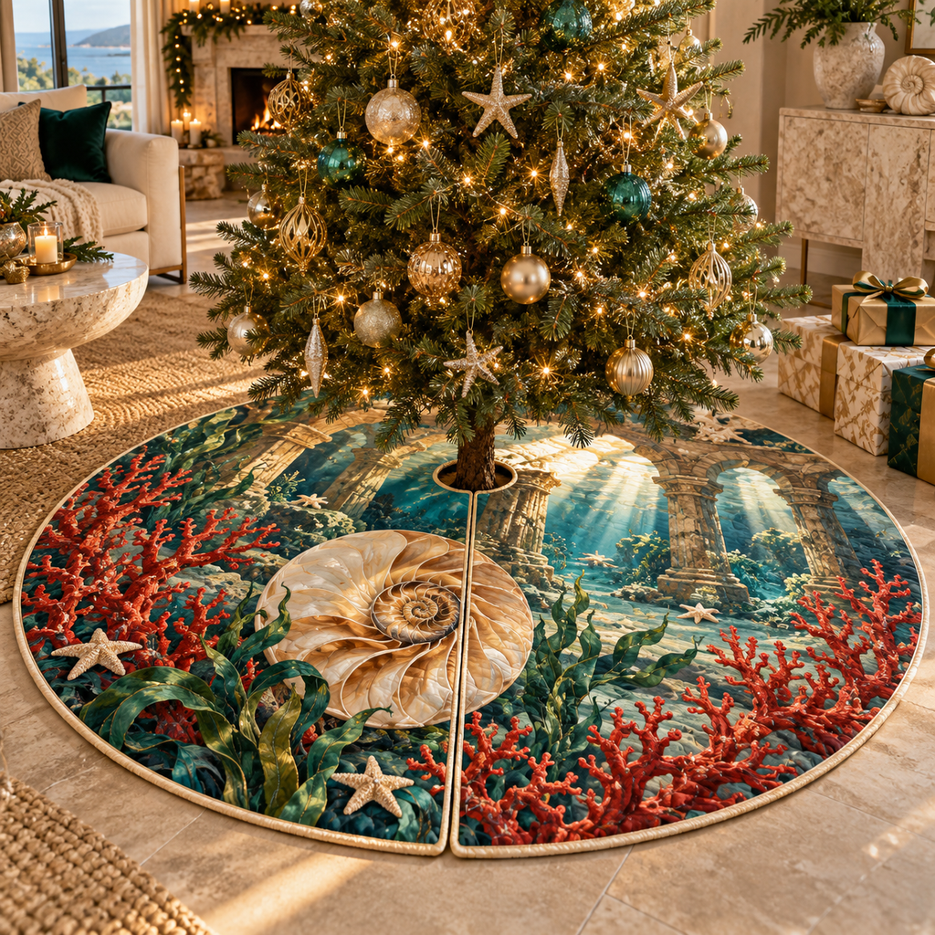 One tree skirt with original Nautilus Coral Atrium optical-depth print.