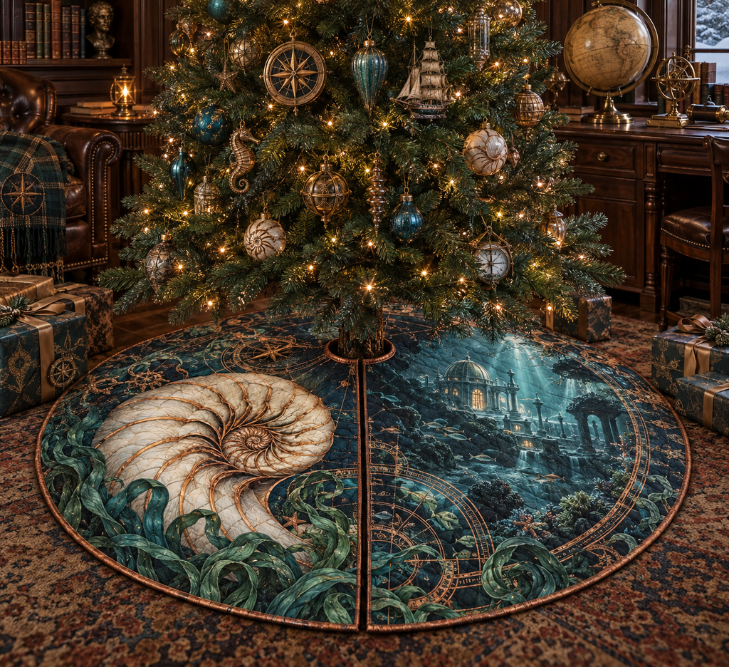 One tree skirt with original Nautilus Cartographer's Study optical-depth print.