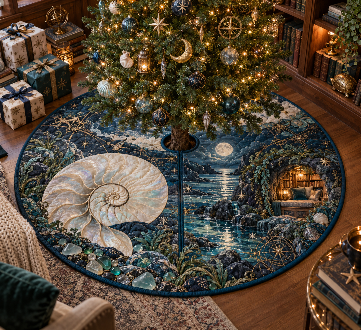 One tree skirt with original Nautilus Moonlit Reading Nook optical-depth print.