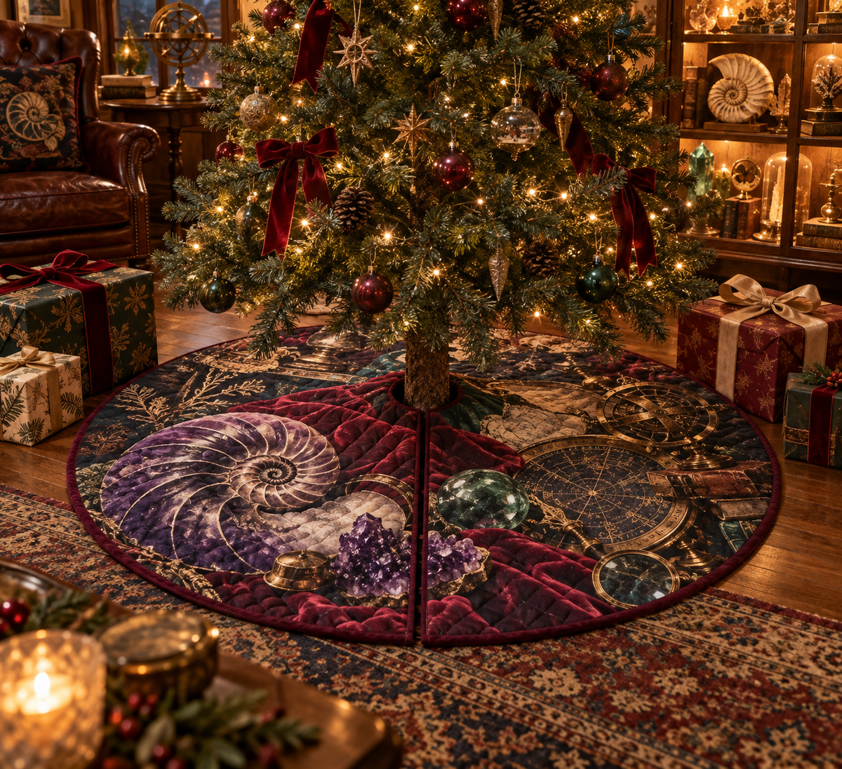 One tree skirt with original Nautilus Curiosity Cabinet optical-depth print.