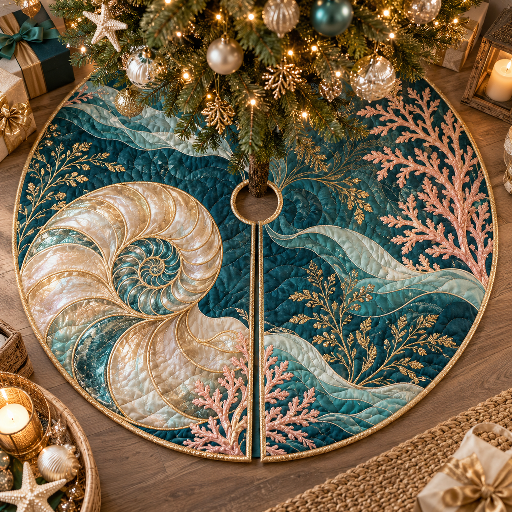 One tree skirt with original Nautilus Candlelit Welcome optical-depth print.