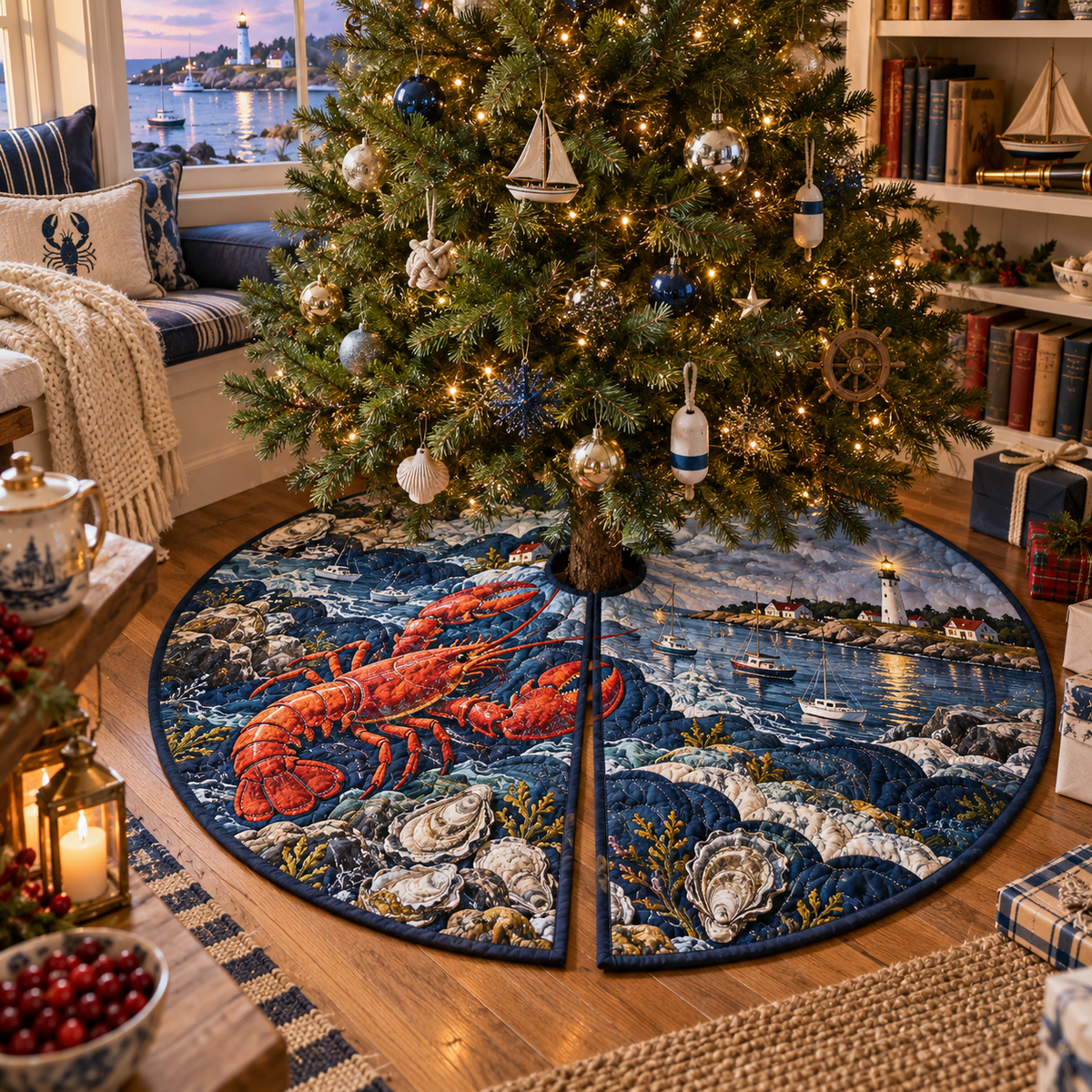 One tree skirt with original Lobster Harbor Library optical-depth print.
