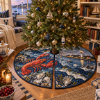 One tree skirt with original Lobster Harbor Library optical-depth print.