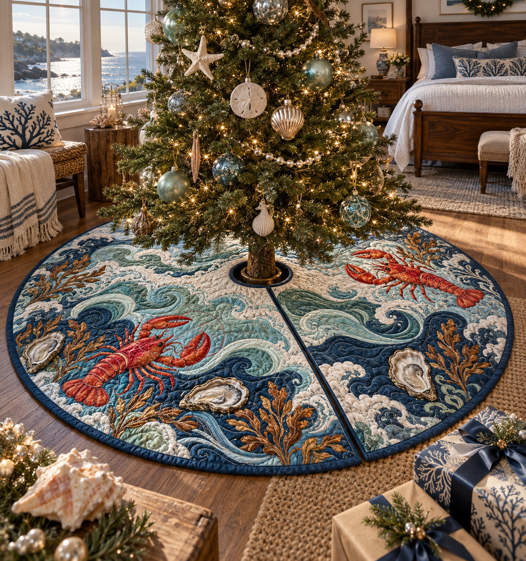 One tree skirt with original Lobster Tidal Canopy optical-depth print.