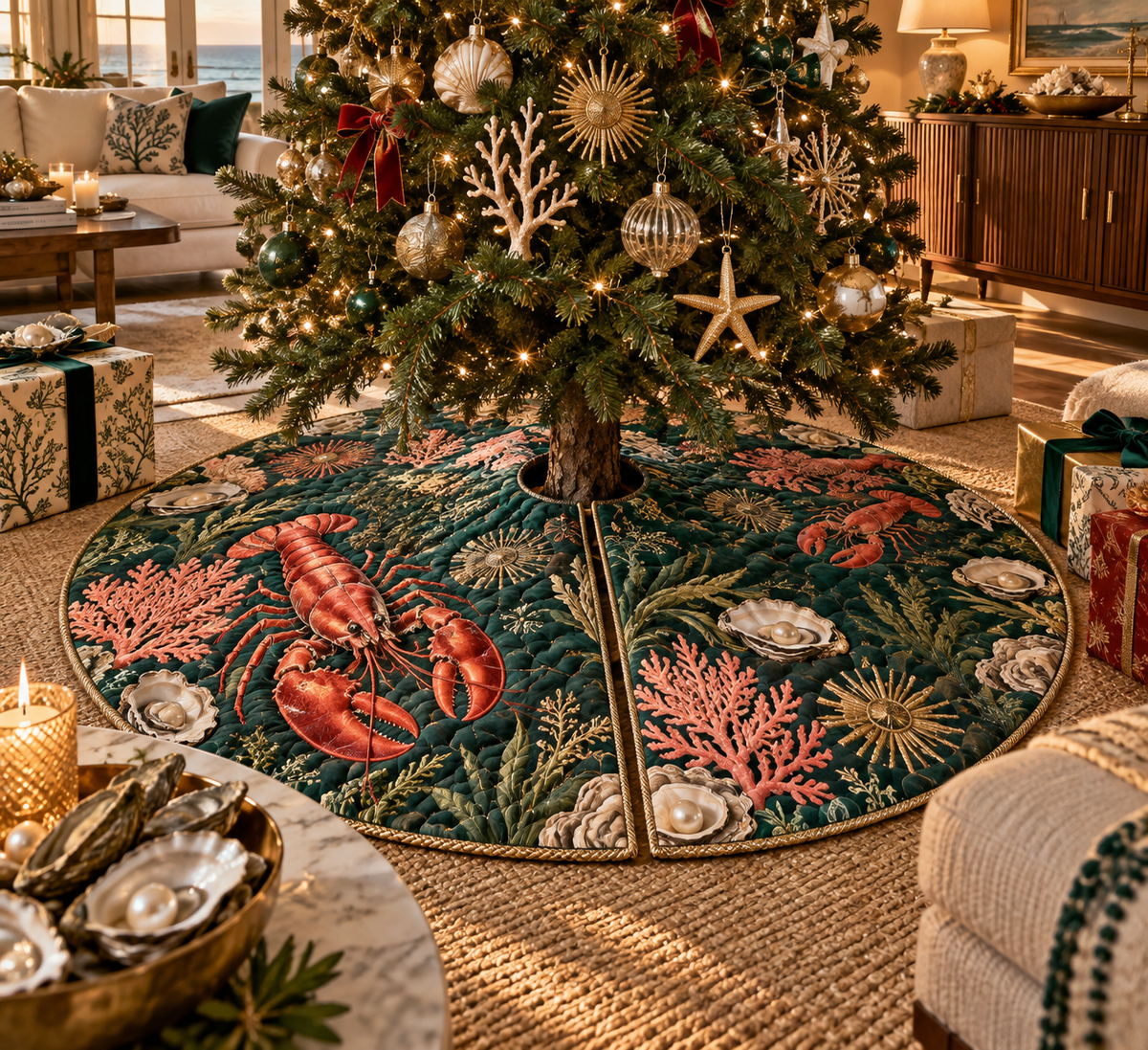 One tree skirt with original Lobster Coral Salon optical-depth print.