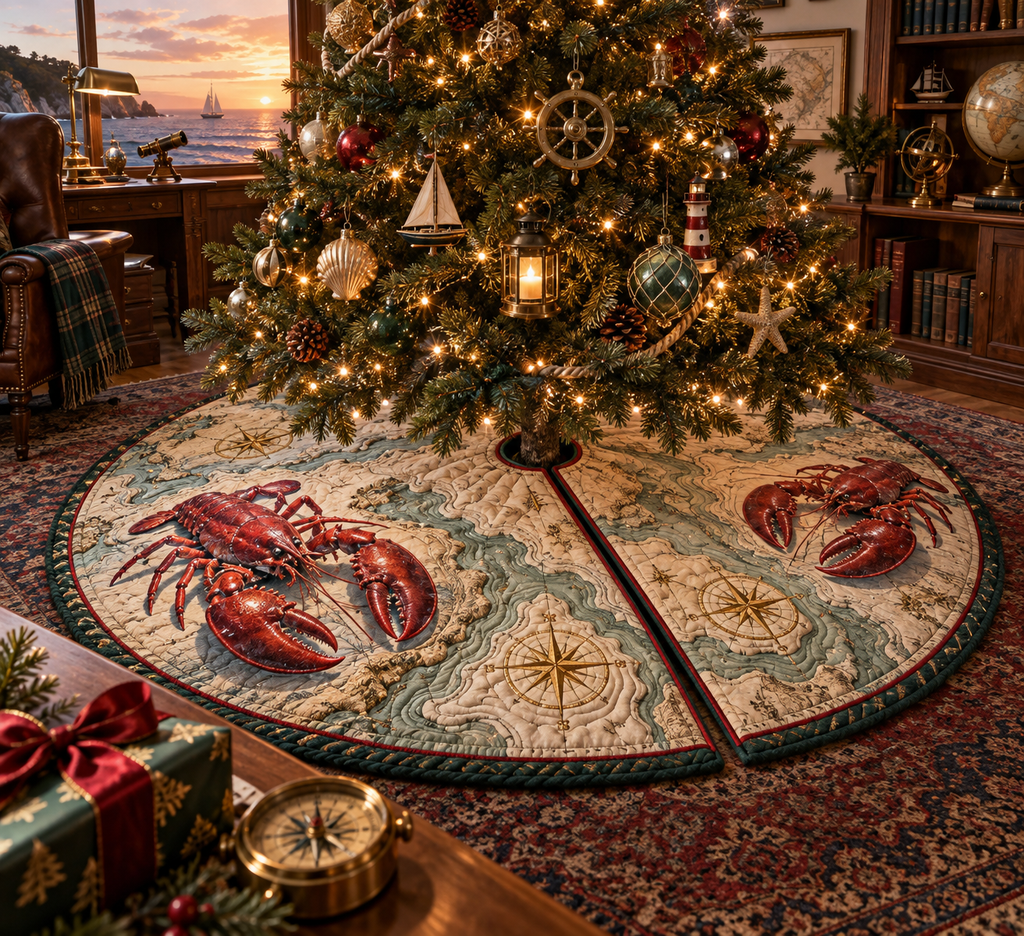 One tree skirt with original Lobster Cartographer's Study optical-depth print.