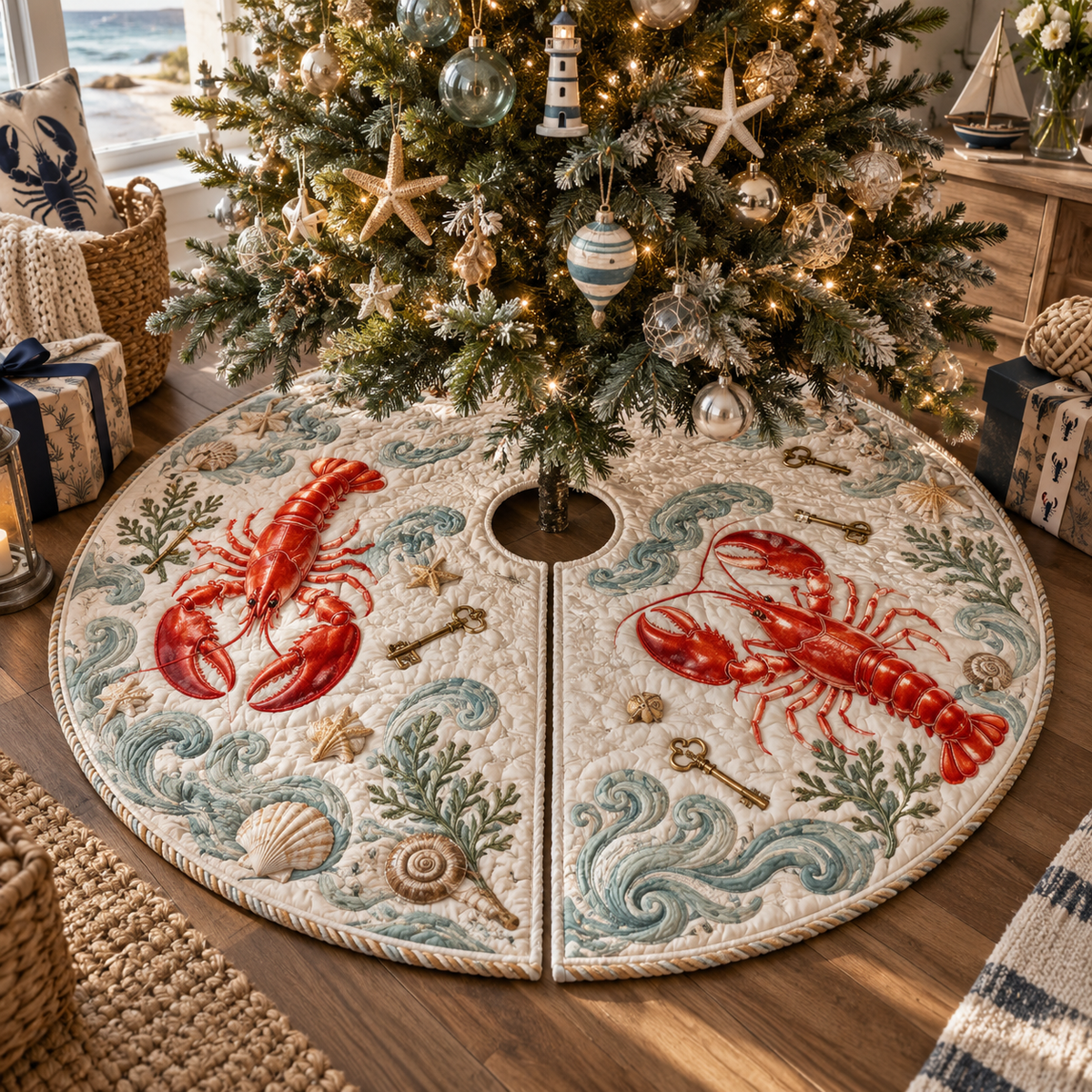 One tree skirt with original Lobster Welcome Key optical-depth print.