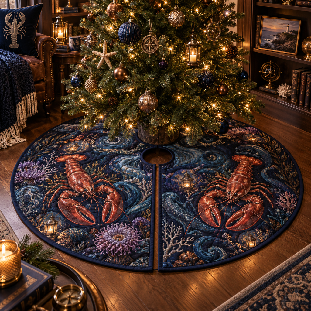 One tree skirt with original Midnight Cove Library Lobster optical-depth print.