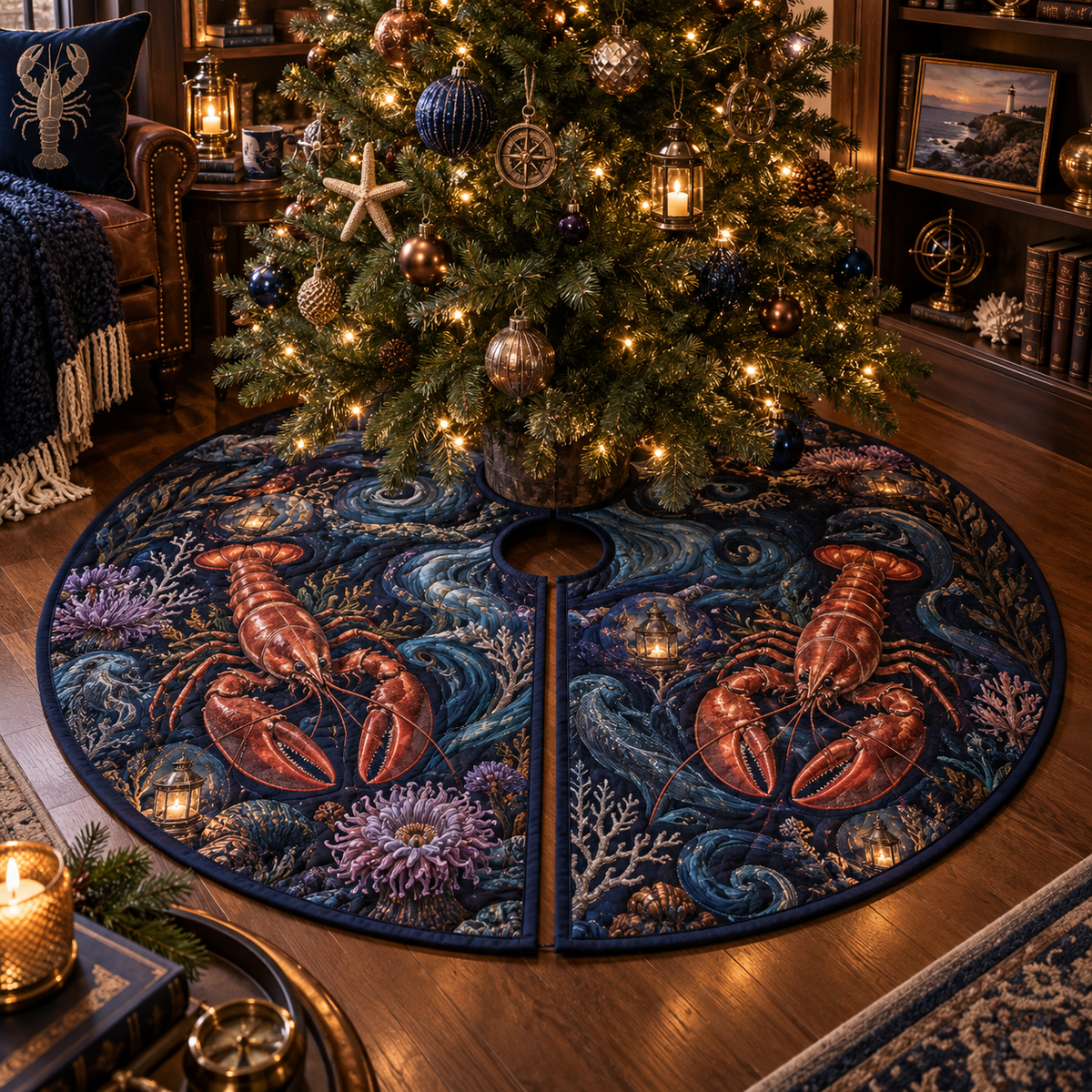 One tree skirt with original Midnight Cove Library Lobster optical-depth print.