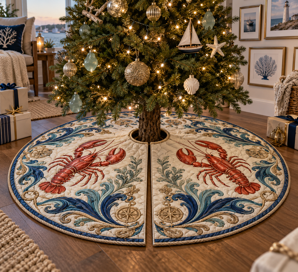 One tree skirt with original Lobster Tidal Atelier optical-depth print.