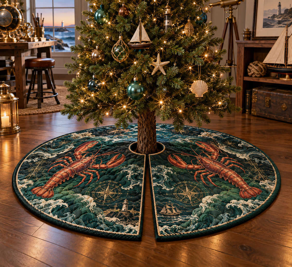 One tree skirt with original Lobster Mariner Workshop optical-depth print.