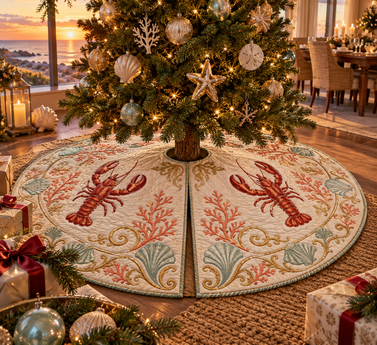 One tree skirt with original Lobster Sunset Banquet optical-depth print.