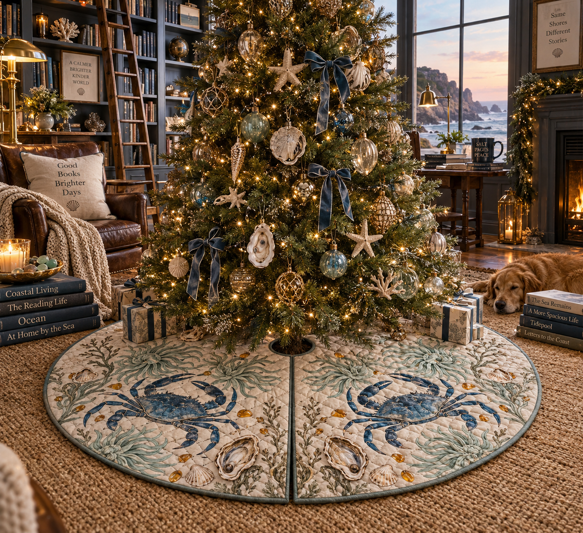 One tree skirt with original Crab Tidepool Reading Room optical-depth print.