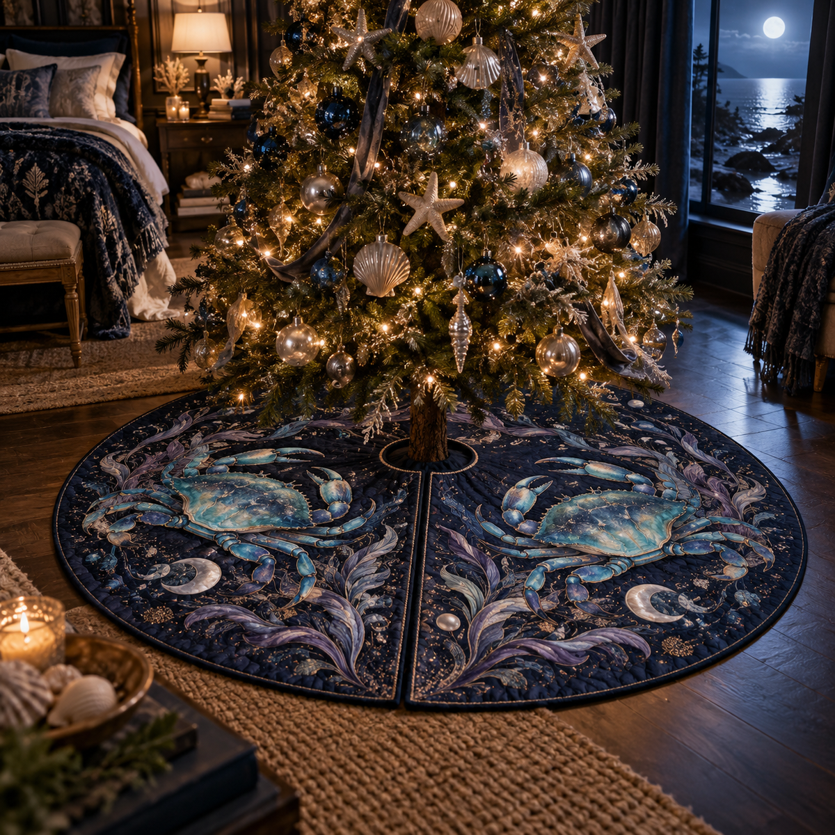 One tree skirt with original Crab Moonlit Tidal Chamber optical-depth print.