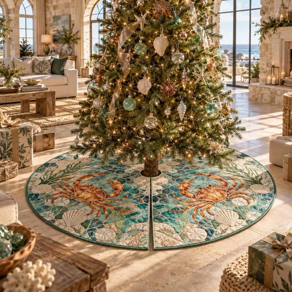 One tree skirt with original Crab Sunlit Tidal Salon optical-depth print.