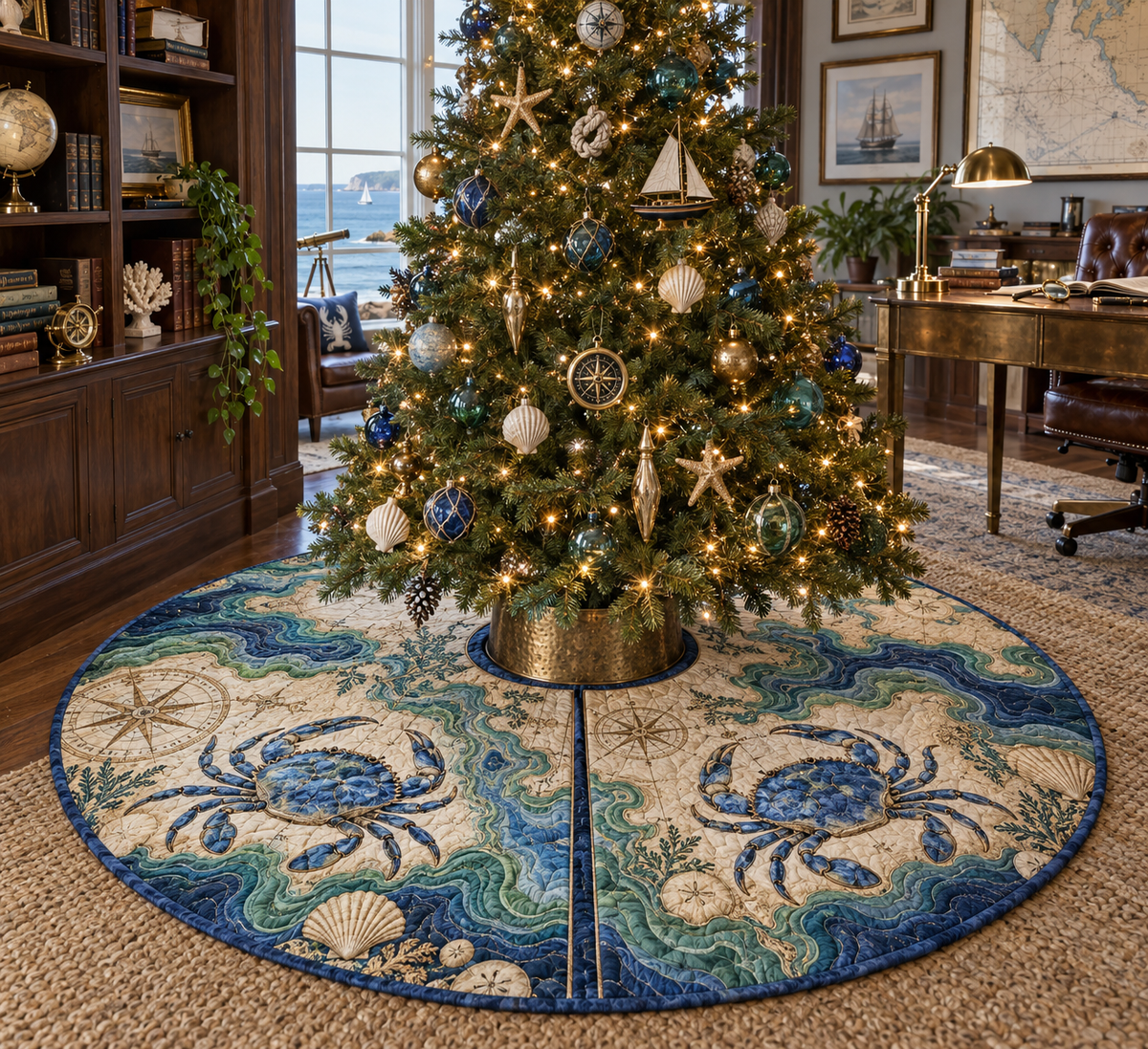 One tree skirt with original Crab Cartographer Study optical-depth print.