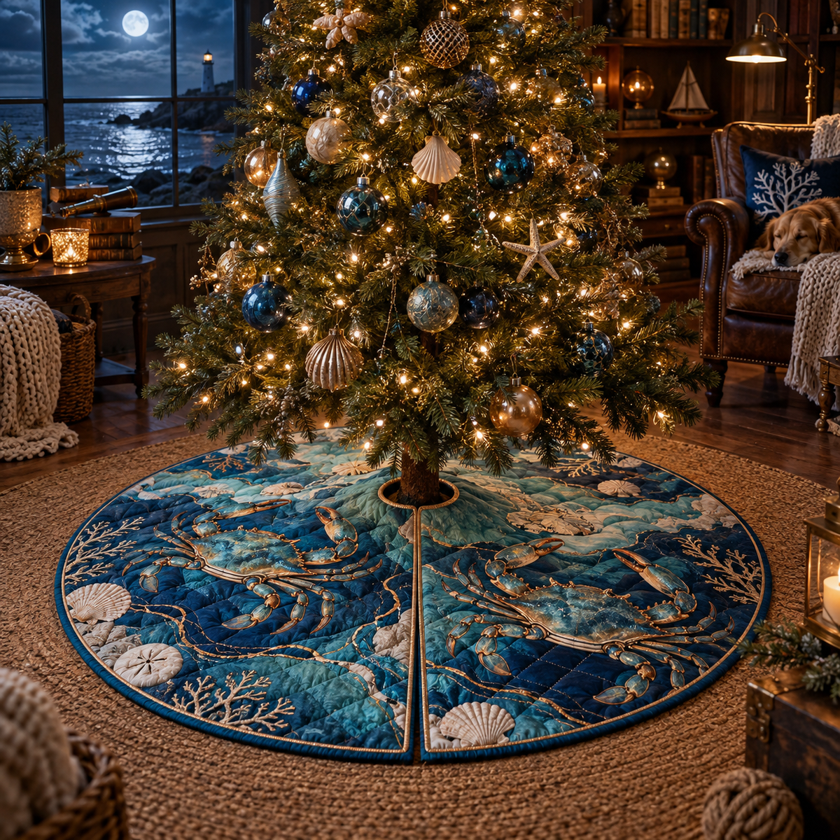 One tree skirt with original Crab Moonlit Tide Library optical-depth print.