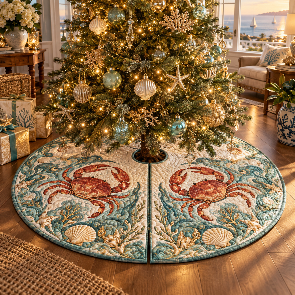 One tree skirt with original Crab Garnet Shoal Birthday optical-depth print.
