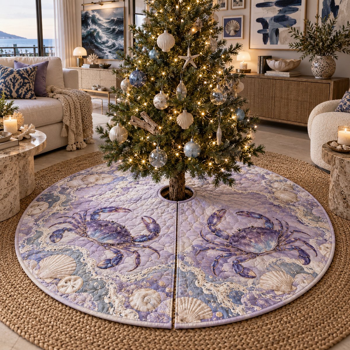 One tree skirt with original Crab Amethyst Gallery optical-depth print.
