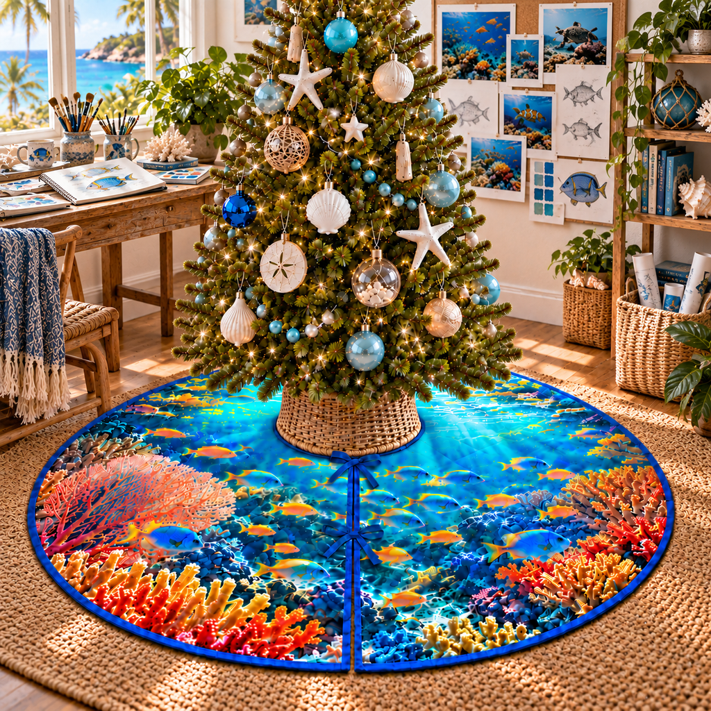 One tree skirt with original reef fish hobby studio flat printed optical-depth artwork.