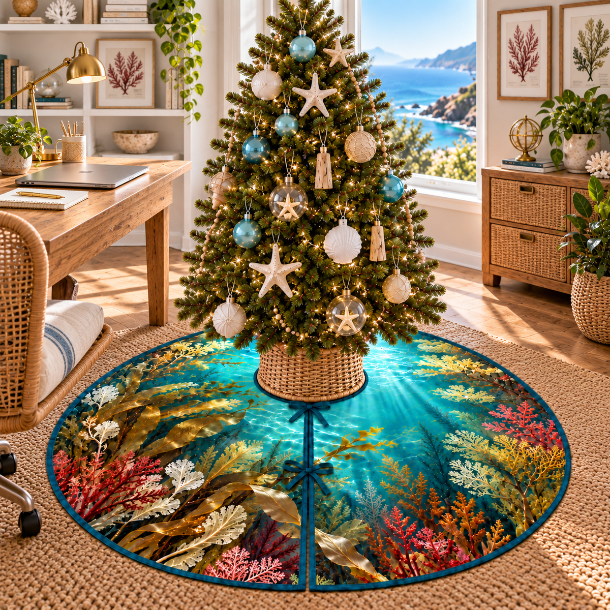 One tree skirt with original seaweed herbarium home office flat printed optical-depth artwork.