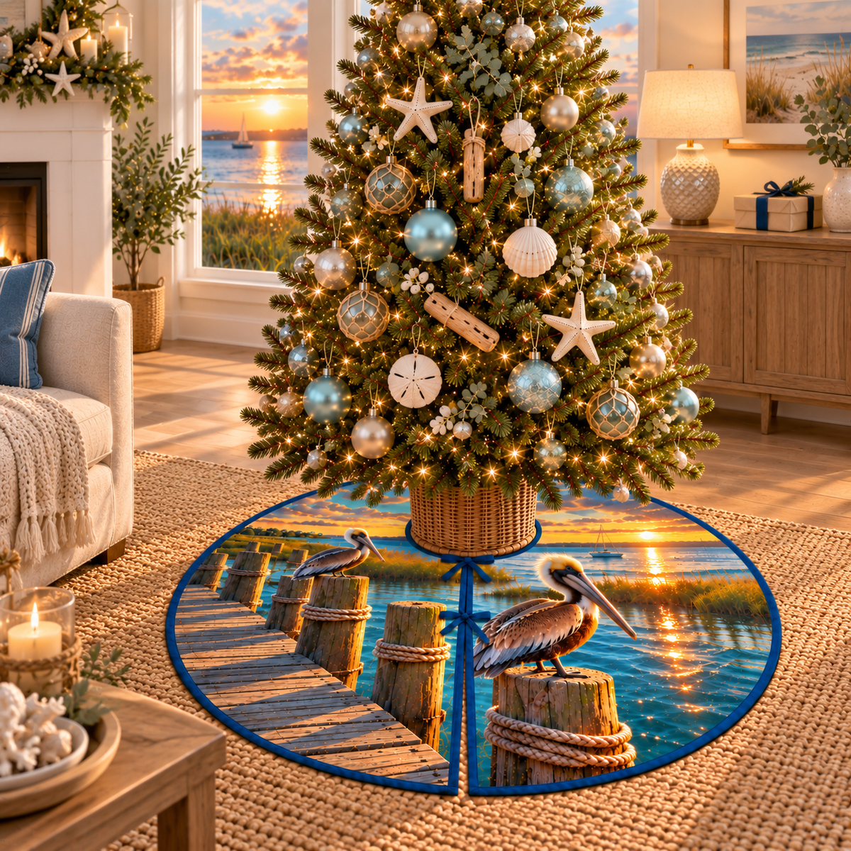 One tree skirt with original pelican dock housewarming flat printed optical-depth artwork.