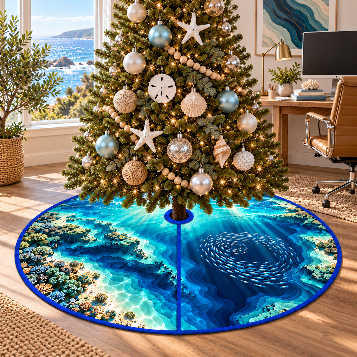 One tree skirt with original ocean depth contours home office flat printed optical-depth artwork.