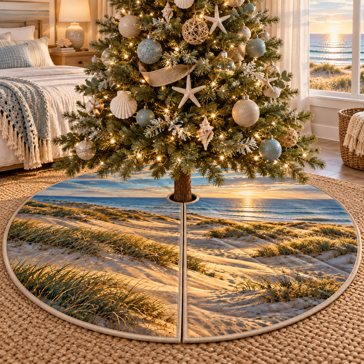 One tree skirt with flat printed layered golden sand dunes, dune grass and distant blue sea artwork in a coastal bedroom.