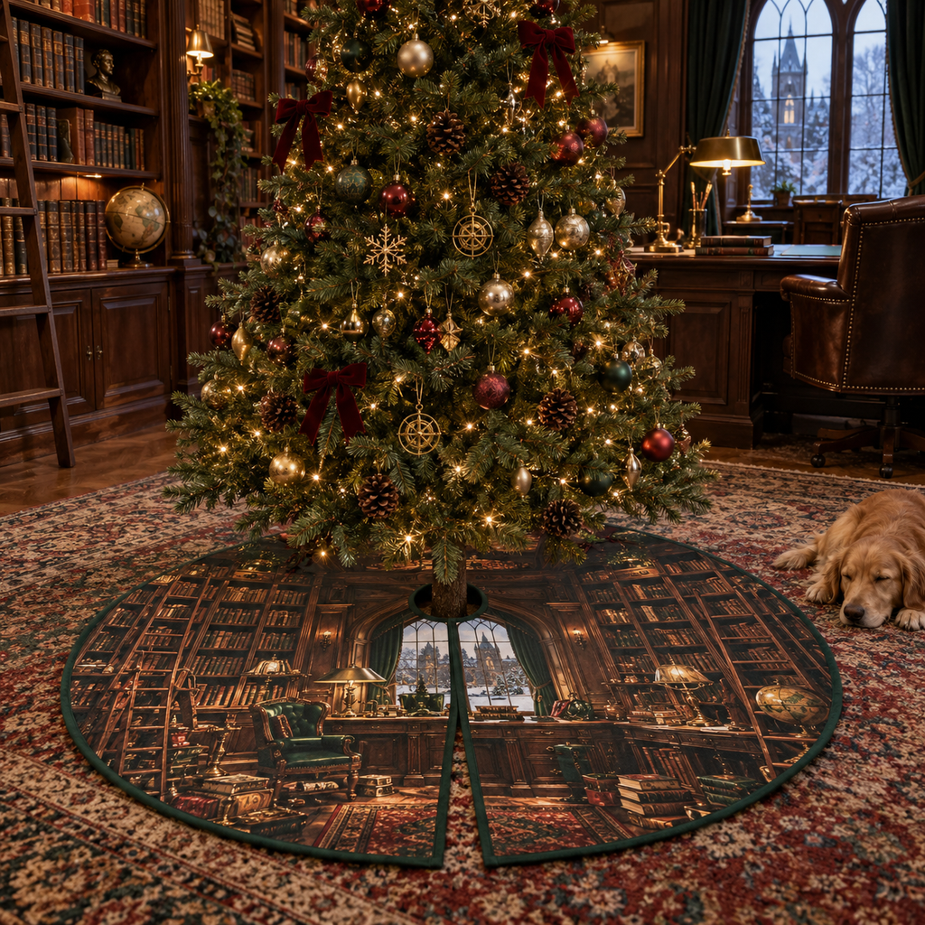 One tree skirt with flat printed layered private library shelves, brass lamps, writing desk and arched window artwork in a dark academia home office.