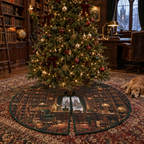 One tree skirt with flat printed layered private library shelves, brass lamps, writing desk and arched window artwork in a dark academia home office.