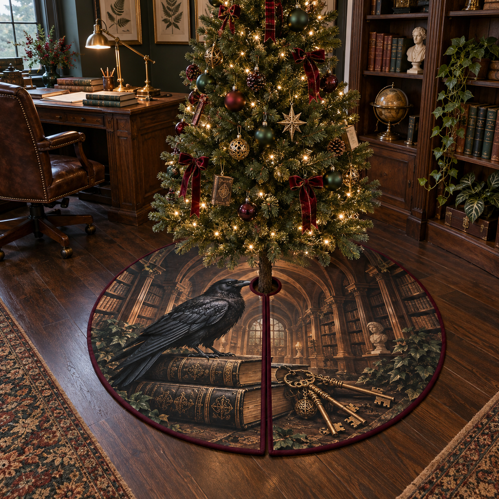 One tree skirt with flat printed raven, antique books and brass keys in a dark academia home office.