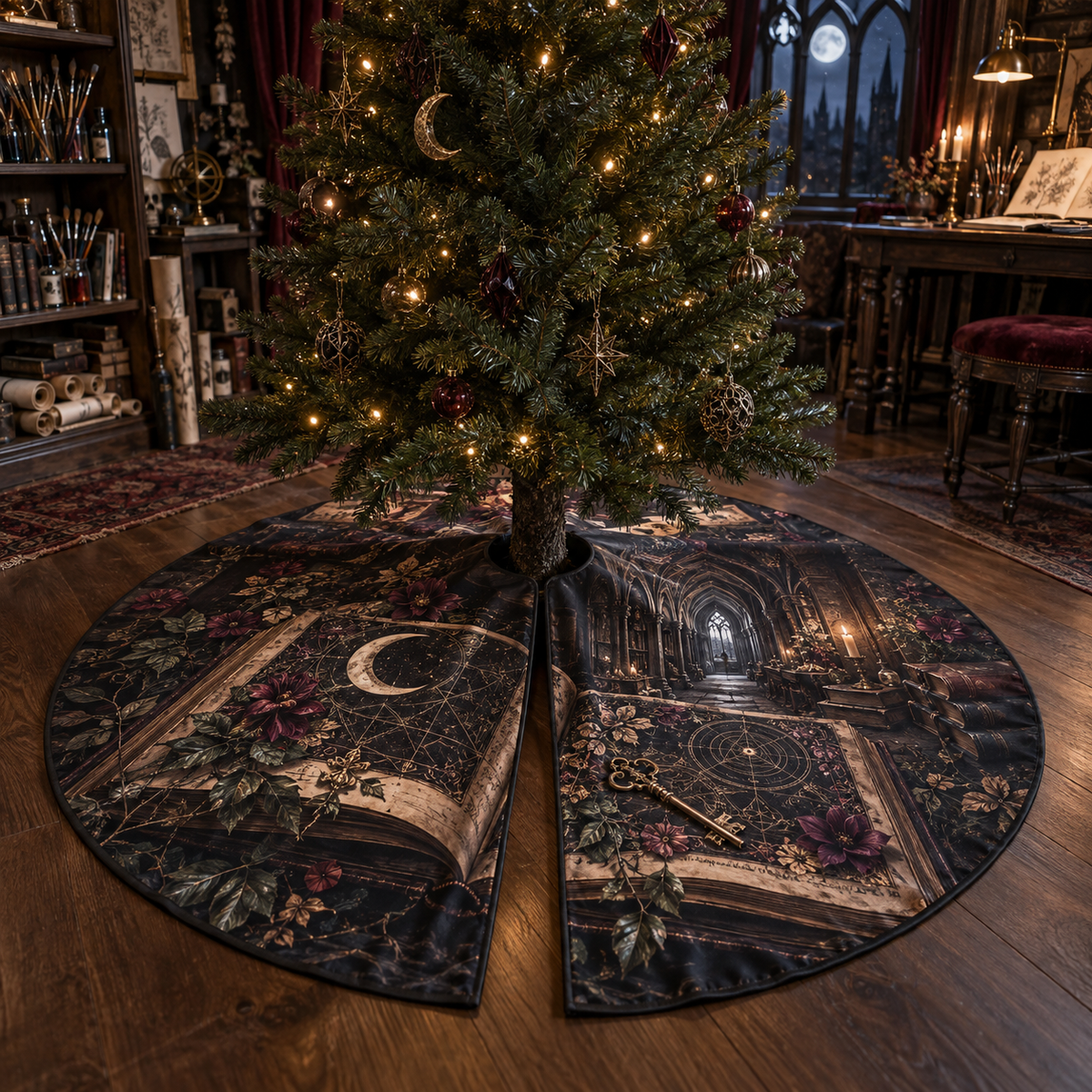 One tree skirt with flat printed open gothic grimoire, moon and brass key in a gothic hobby studio.