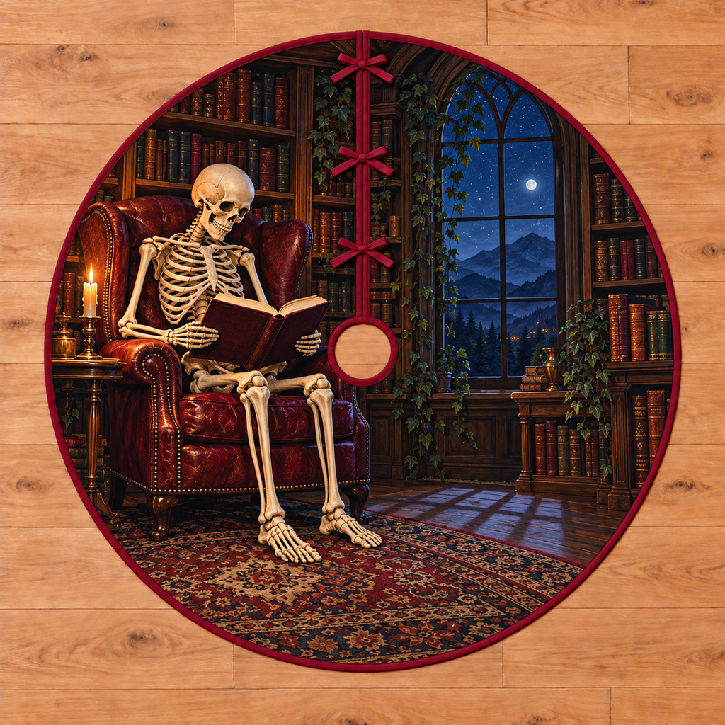 Skeleton Candlelight Library Tree Skirt. One skeleton reading an open book in a burgundy chair, library shelves and candlelit night window; flat printed optical depth on thin bound circle.