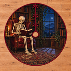 Skeleton Candlelight Library Tree Skirt. One skeleton reading an open book in a burgundy chair, library shelves and candlelit night window; flat printed optical depth on thin bound circle.