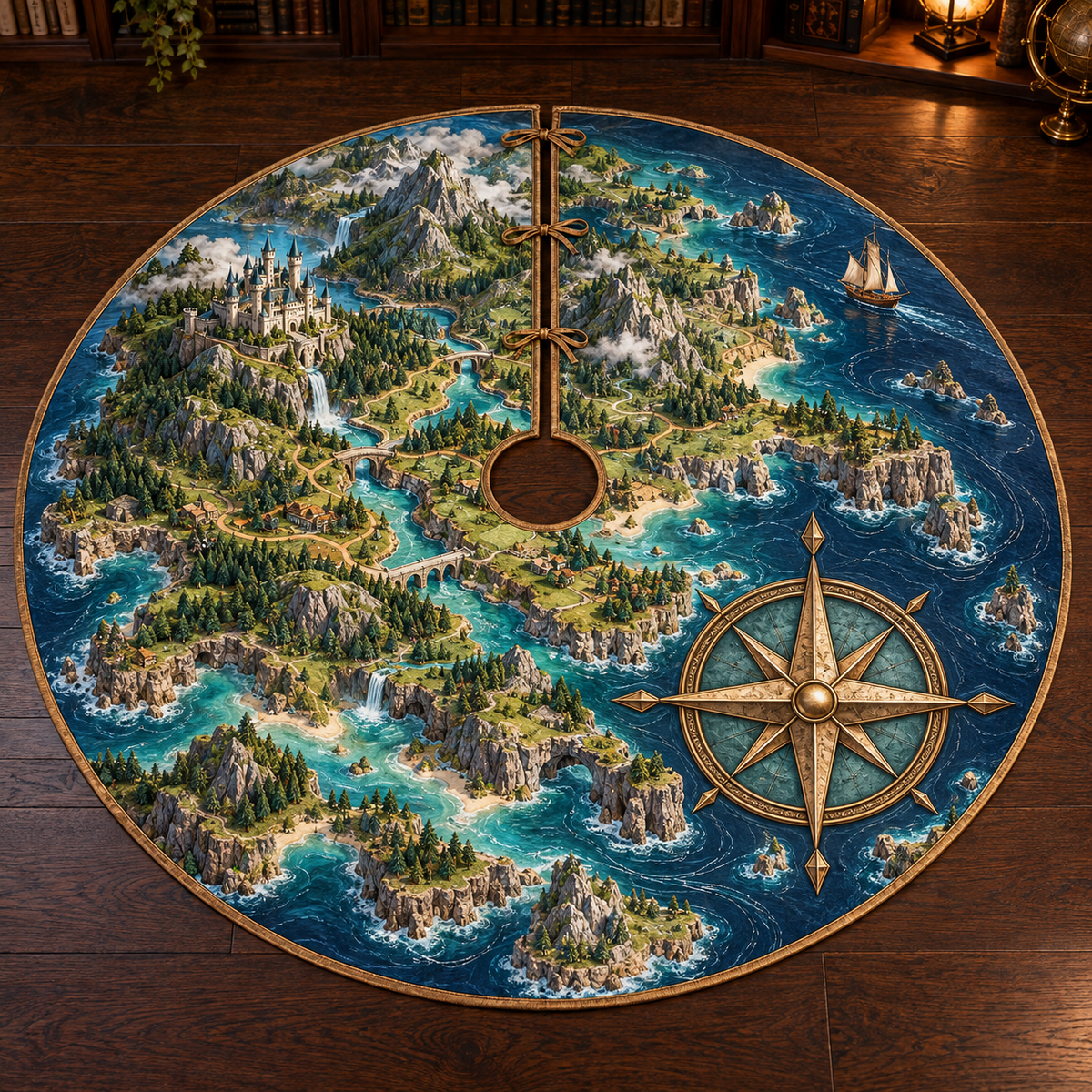 Bronze compass rose and original fantasy island map with castle, mountains and rivers, flat printed on a thin circular tree skirt.