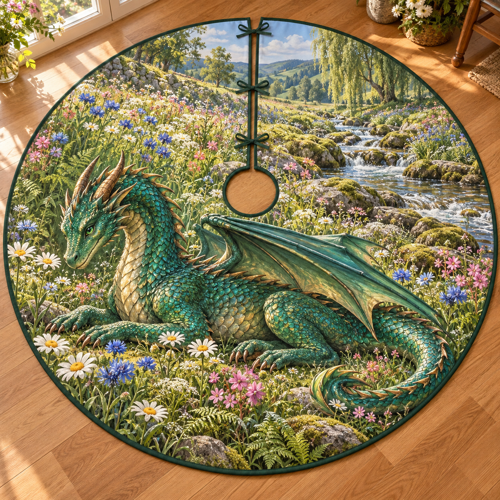 Emerald dragon resting among wildflowers beside a meadow stream, entirely flat printed on a thin dark-green-bound circular tree skirt.