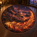 Copper gold fantasy phoenix feather with ember glow and dark rocky twilight landscape, entirely flat printed on a thin copper-bound tree skirt.