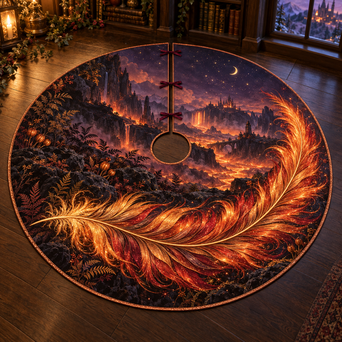 Copper gold fantasy phoenix feather with ember glow and dark rocky twilight landscape, entirely flat printed on a thin copper-bound tree skirt.